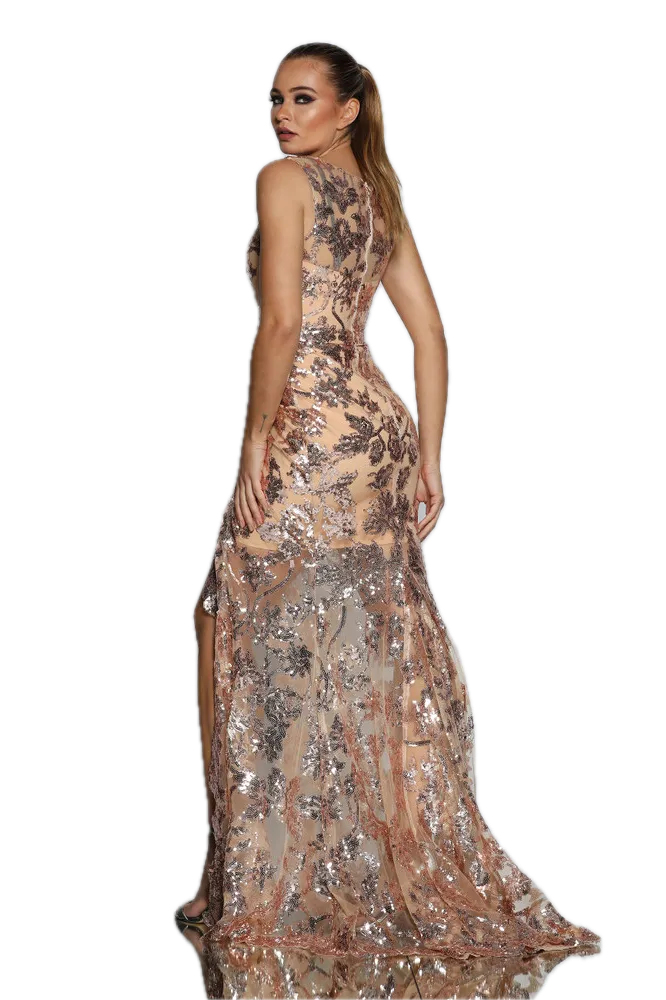 Jadore Gown- Rose Gold Beaded Evening Dress with Train