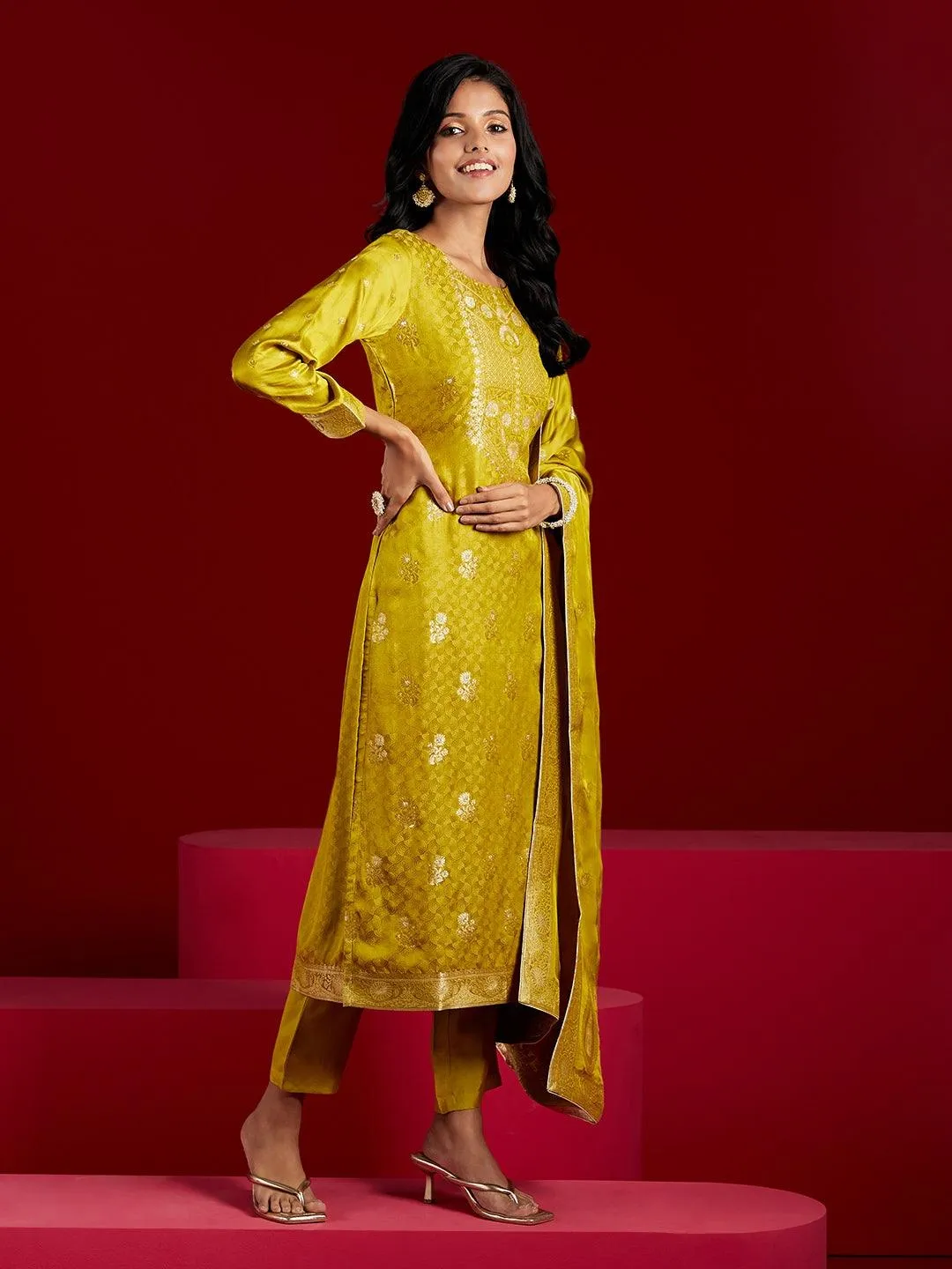 Jashvi Art Lime Woven Design Silk Straight Suit With Dupatta