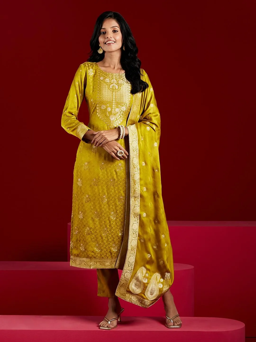 Jashvi Art Lime Woven Design Silk Straight Suit With Dupatta