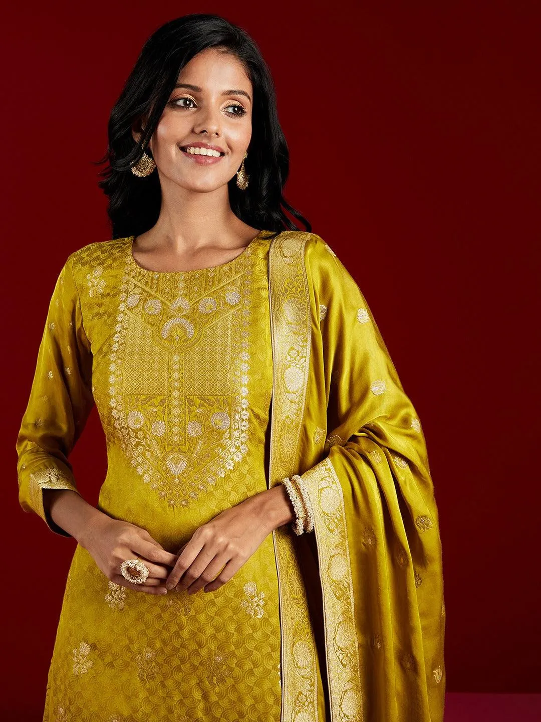 Jashvi Art Lime Woven Design Silk Straight Suit With Dupatta