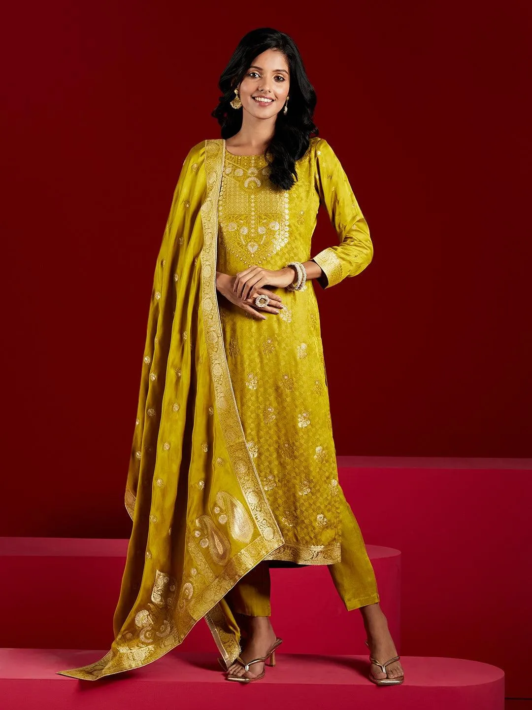 Jashvi Art Lime Woven Design Silk Straight Suit With Dupatta