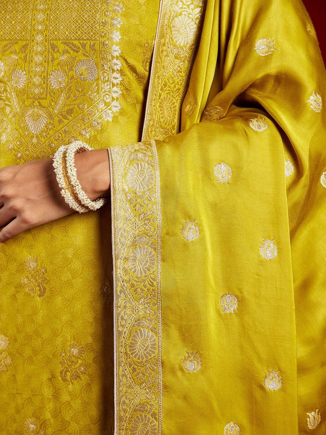 Jashvi Art Lime Woven Design Silk Straight Suit With Dupatta