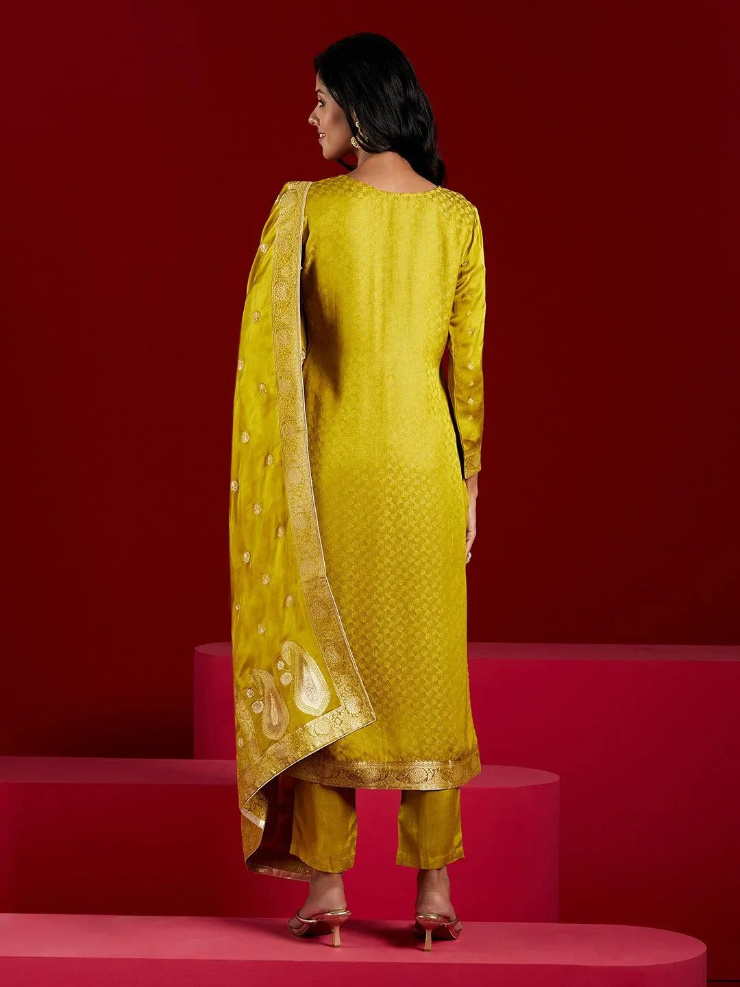 Jashvi Art Lime Woven Design Silk Straight Suit With Dupatta
