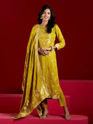 Jashvi Art Lime Woven Design Silk Straight Suit With Dupatta