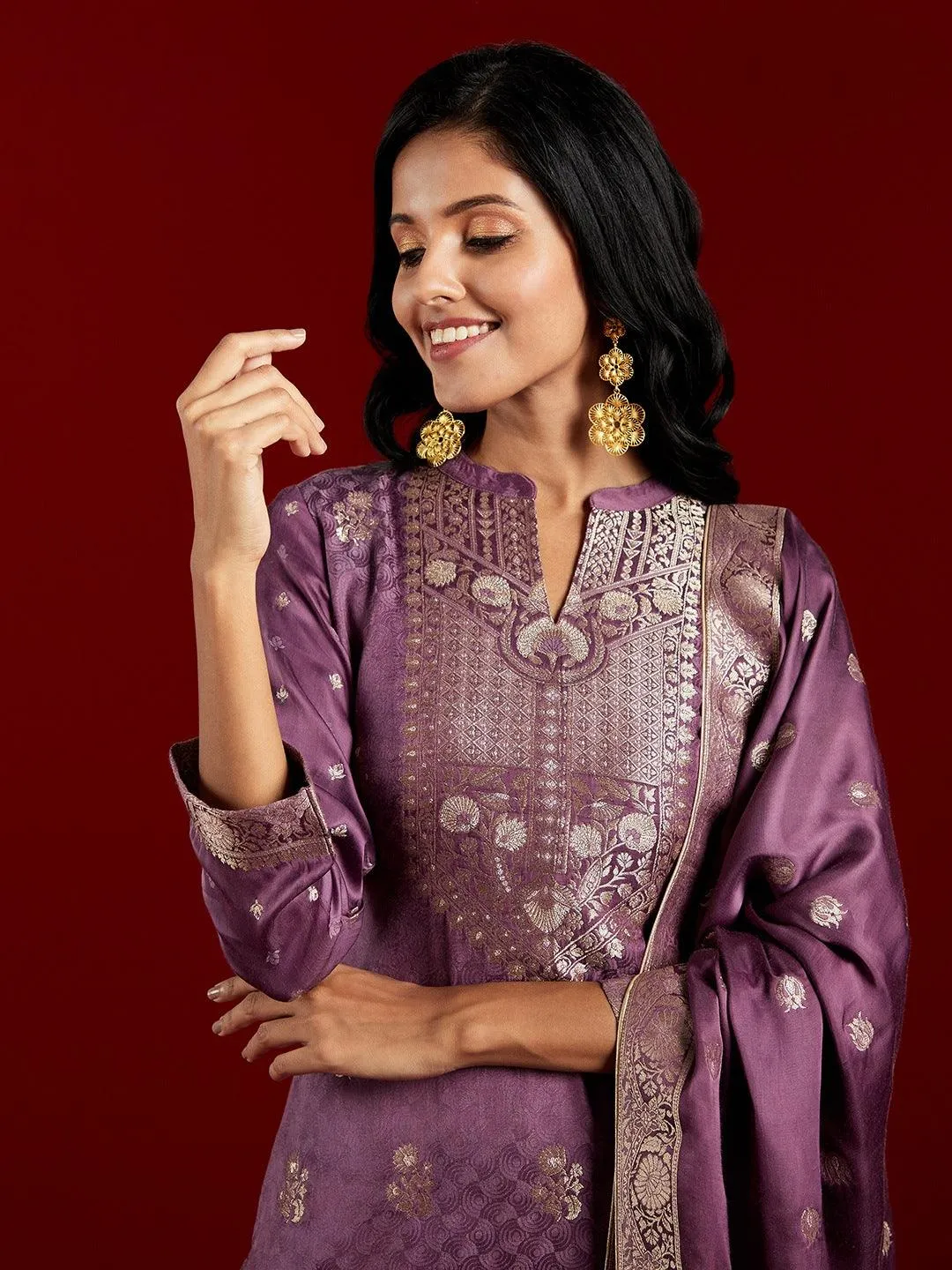 Jashvi Art Purple Self Design Silk Straight Suit With Dupatta