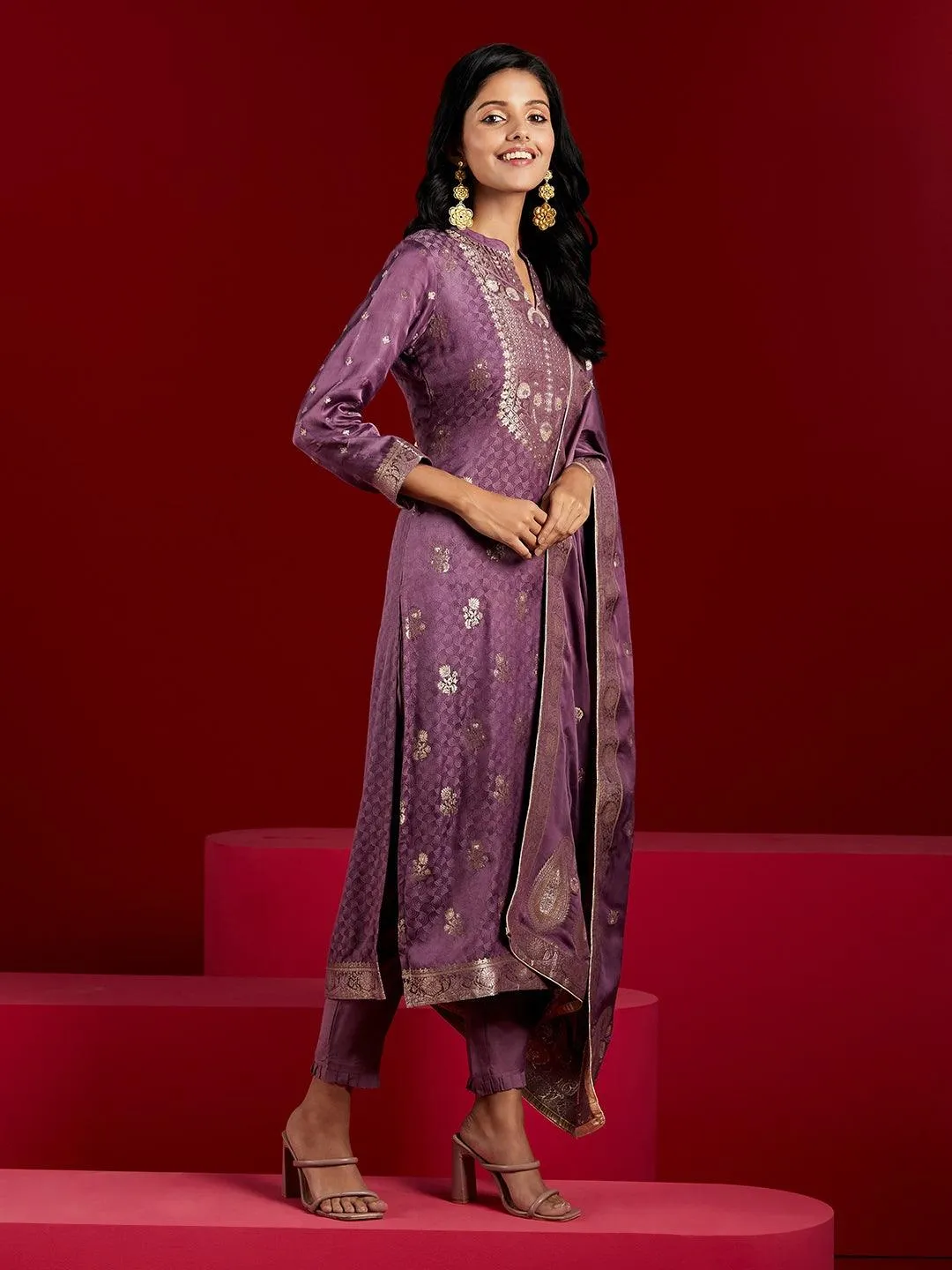 Jashvi Art Purple Self Design Silk Straight Suit With Dupatta
