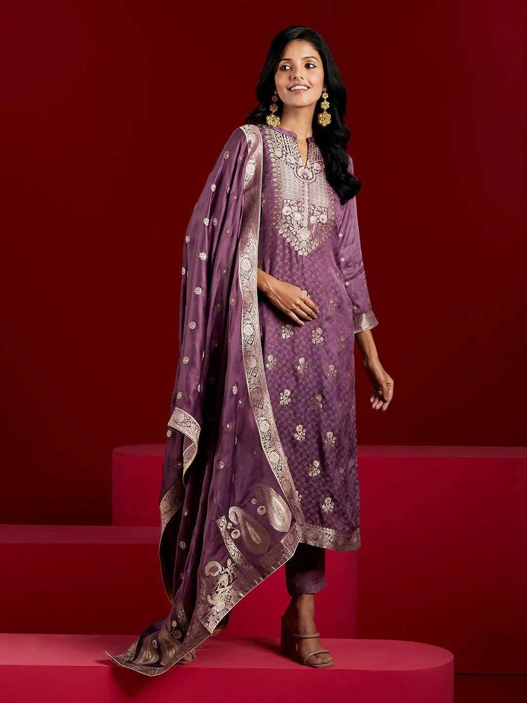 Jashvi Art Purple Self Design Silk Straight Suit With Dupatta