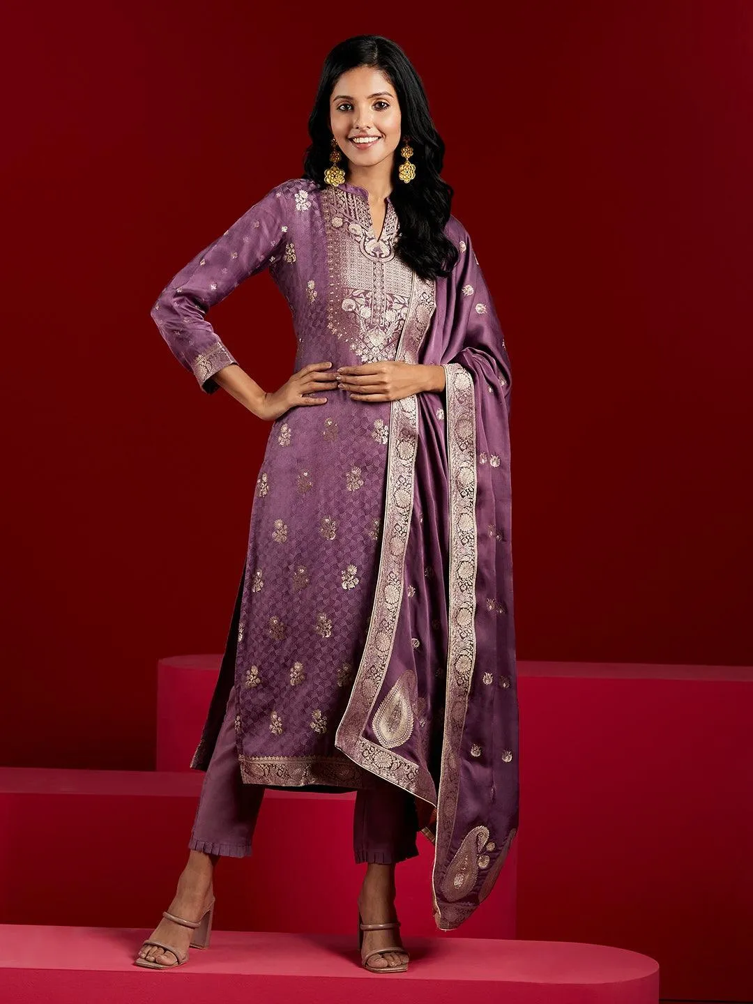 Jashvi Art Purple Self Design Silk Straight Suit With Dupatta