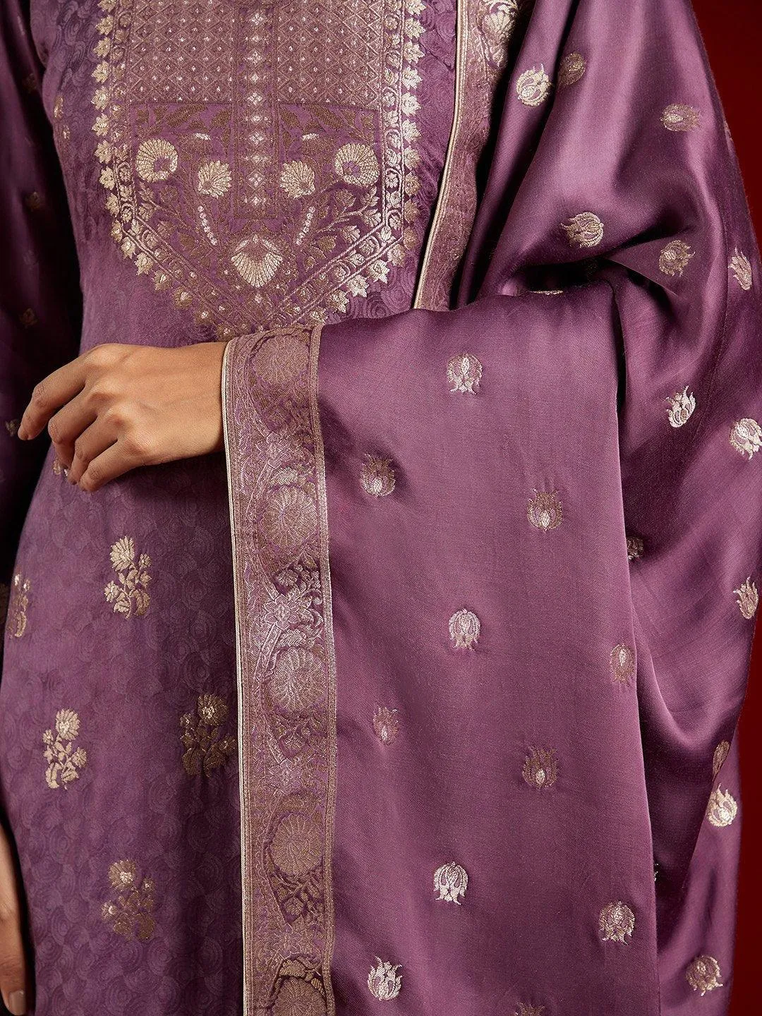 Jashvi Art Purple Self Design Silk Straight Suit With Dupatta