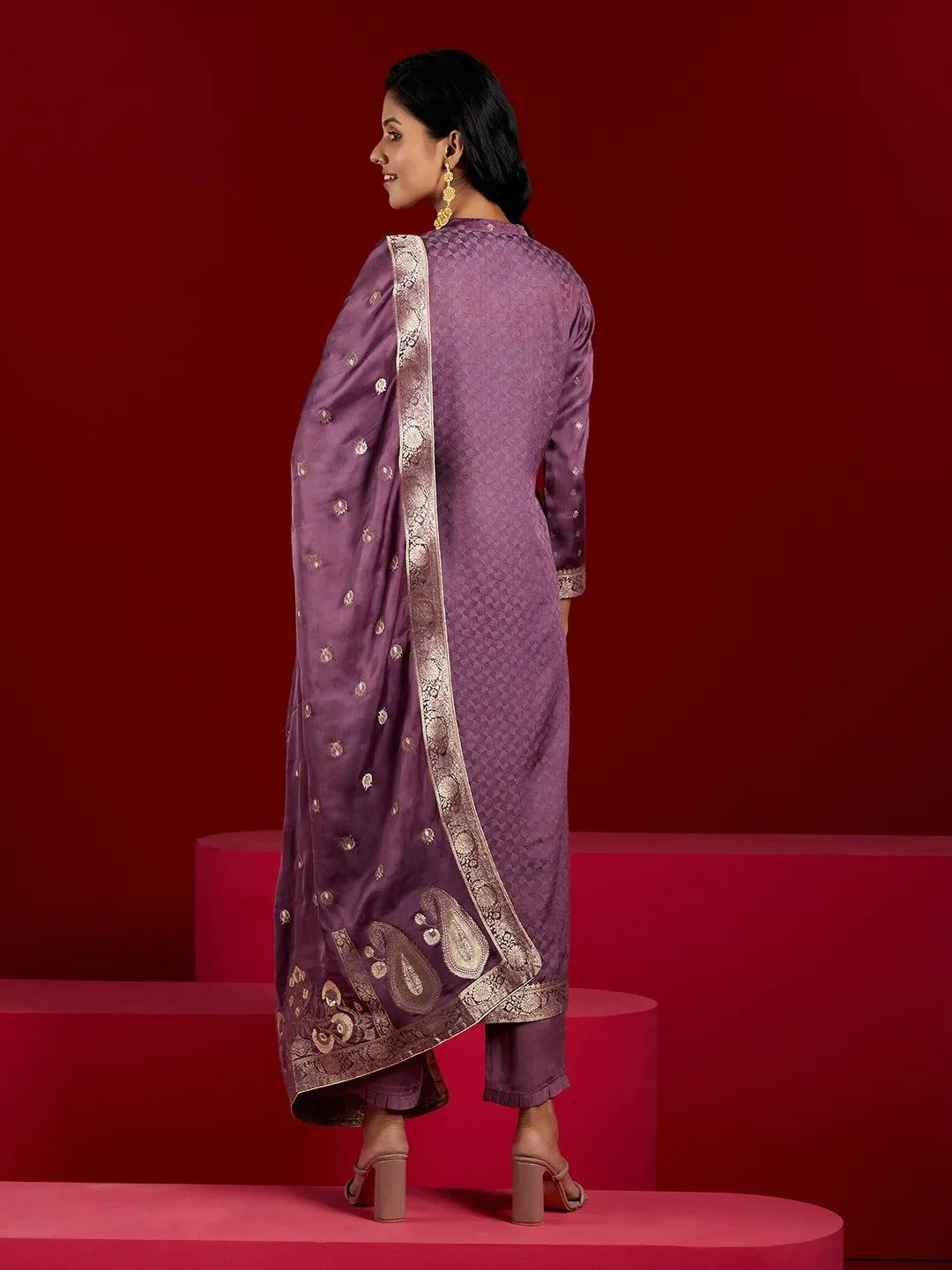 Jashvi Art Purple Self Design Silk Straight Suit With Dupatta