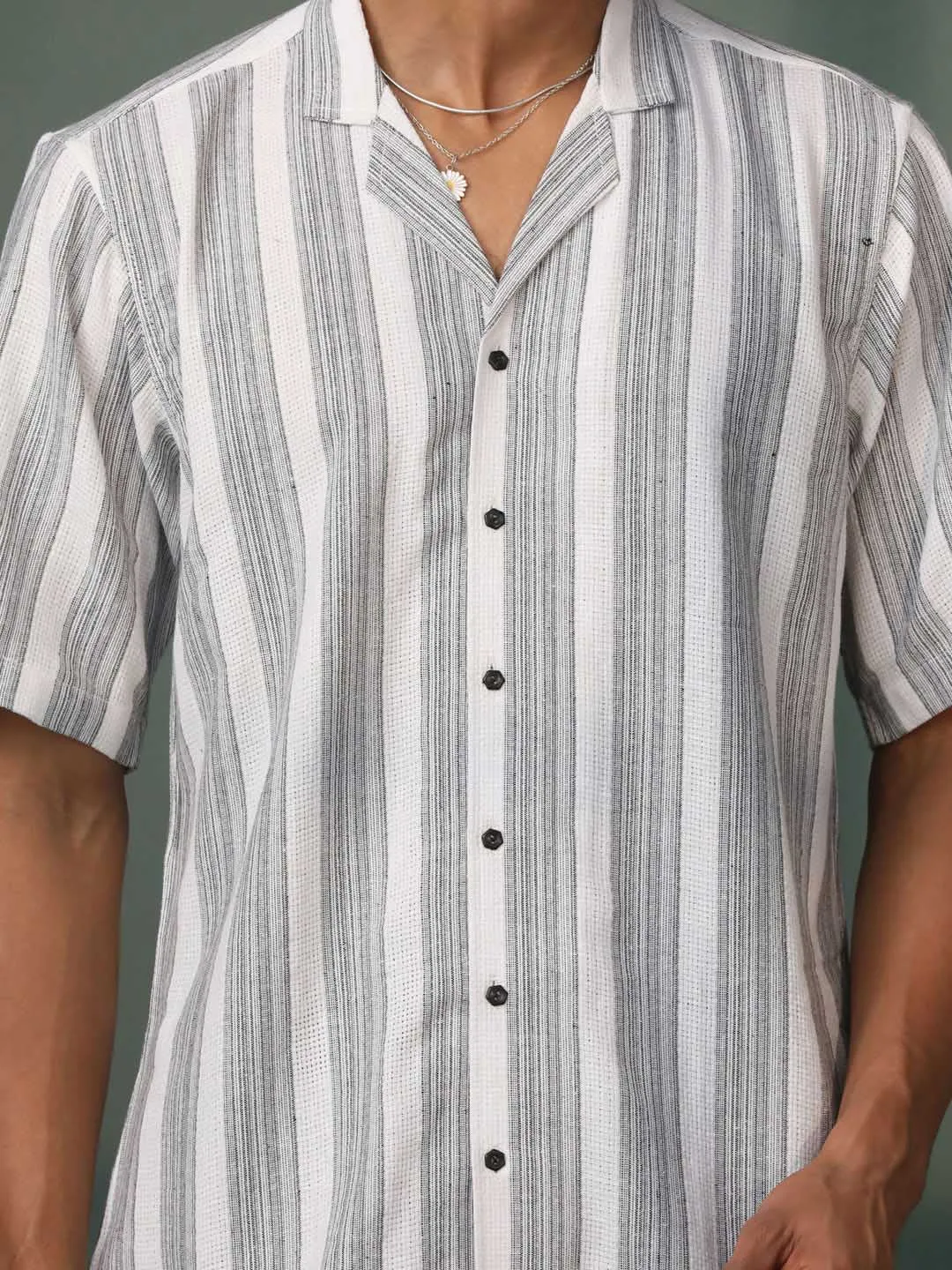 Jashvi Men's Black Knitted Cotton Blend Stripes Shirt