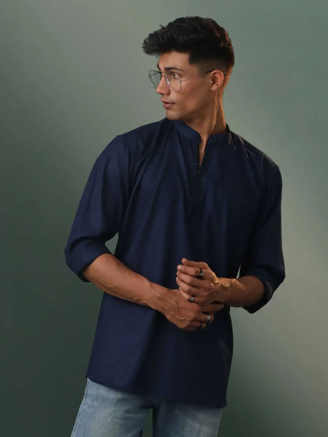 Jashvi Men's Navy Blue Cotton Blend Short Kurta