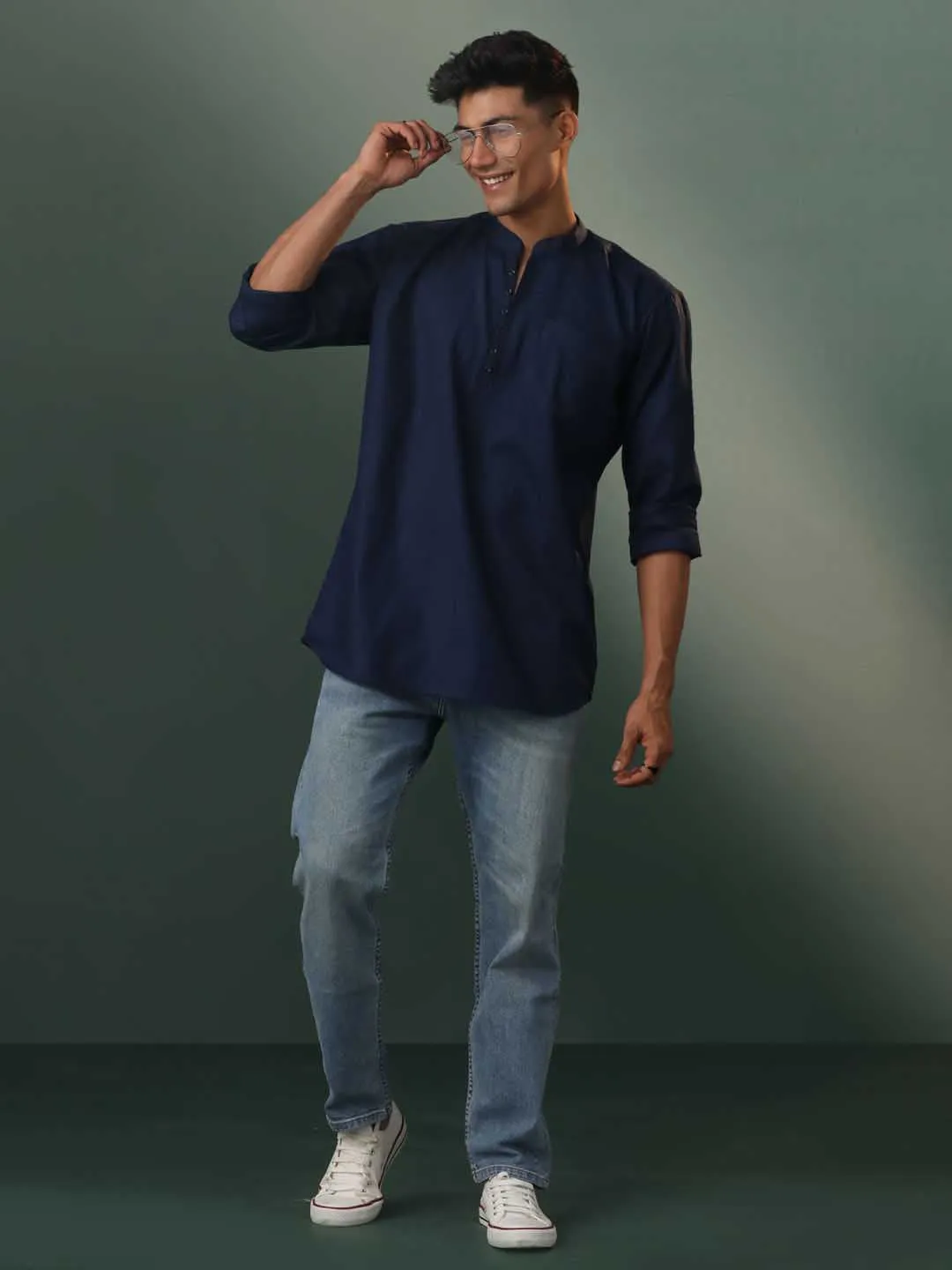 Jashvi Men's Navy Blue Cotton Blend Short Kurta