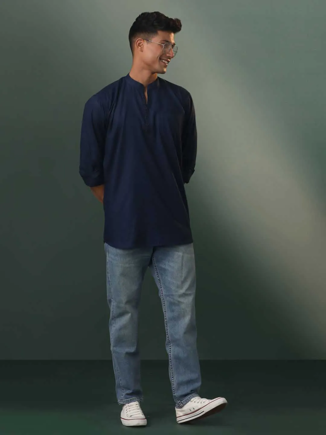 Jashvi Men's Navy Blue Cotton Blend Short Kurta
