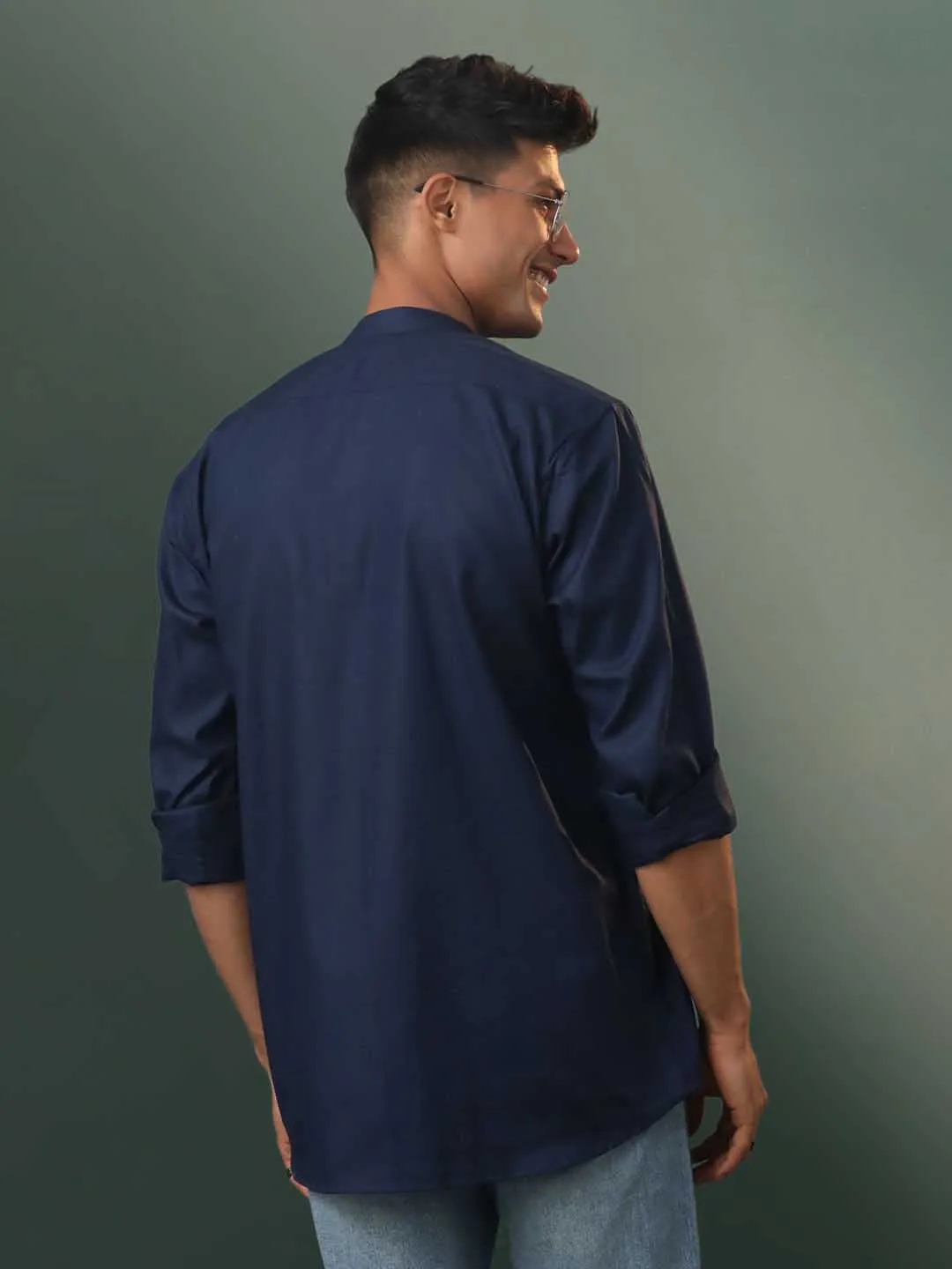 Jashvi Men's Navy Blue Cotton Blend Short Kurta