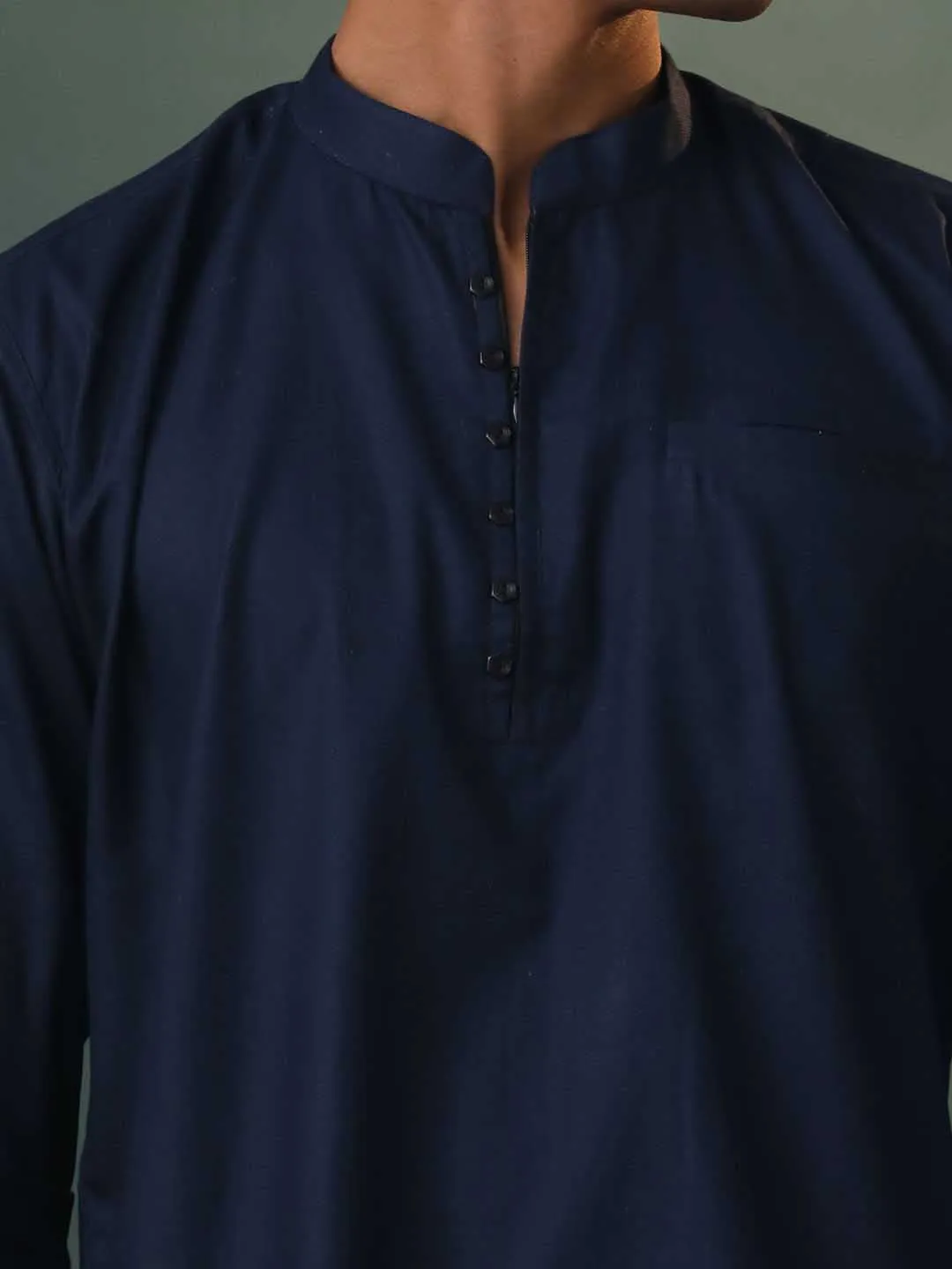 Jashvi Men's Navy Blue Cotton Blend Short Kurta