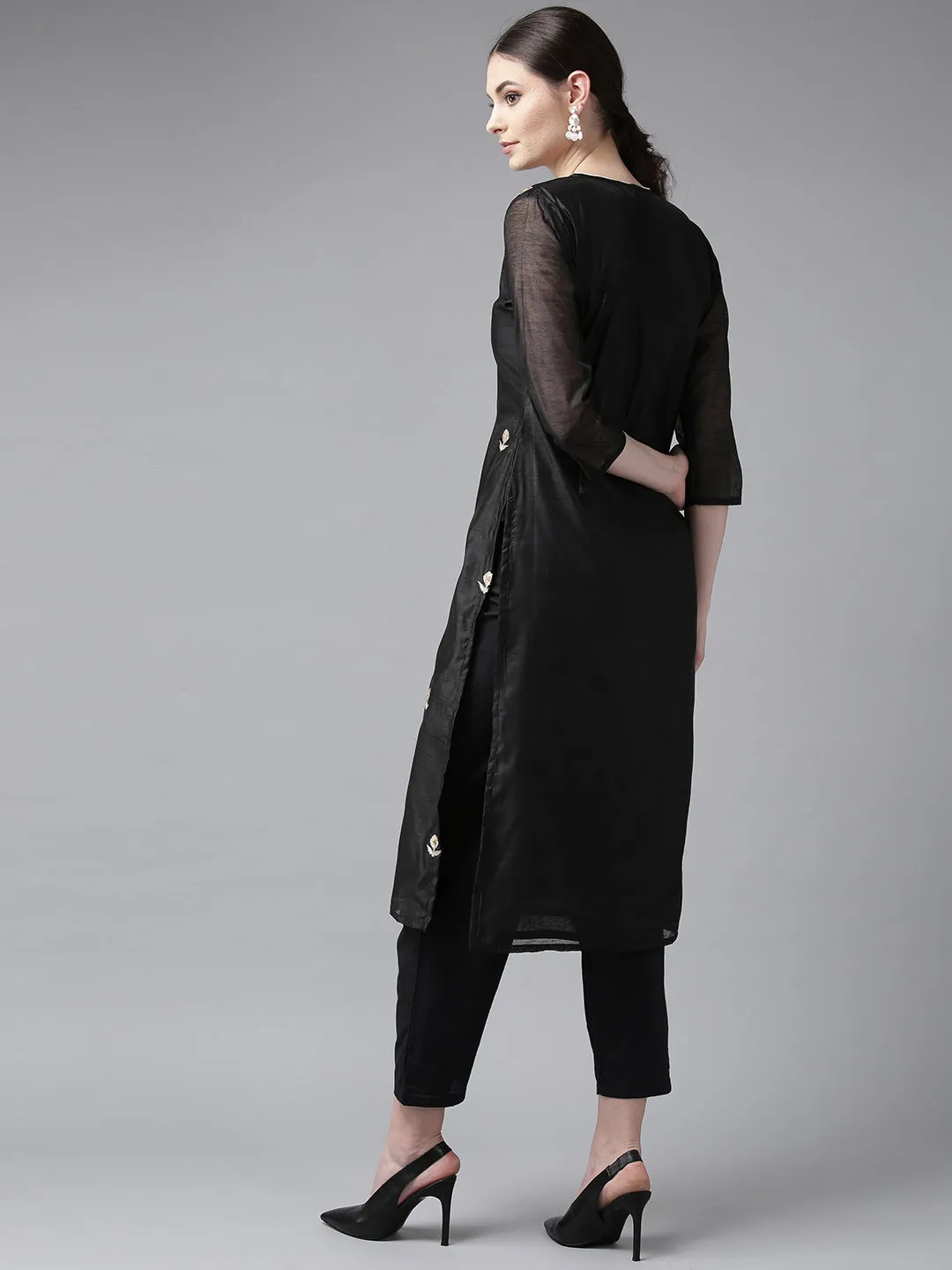 Jashvi Women Black Embroidered Regular Kurta with Trousers