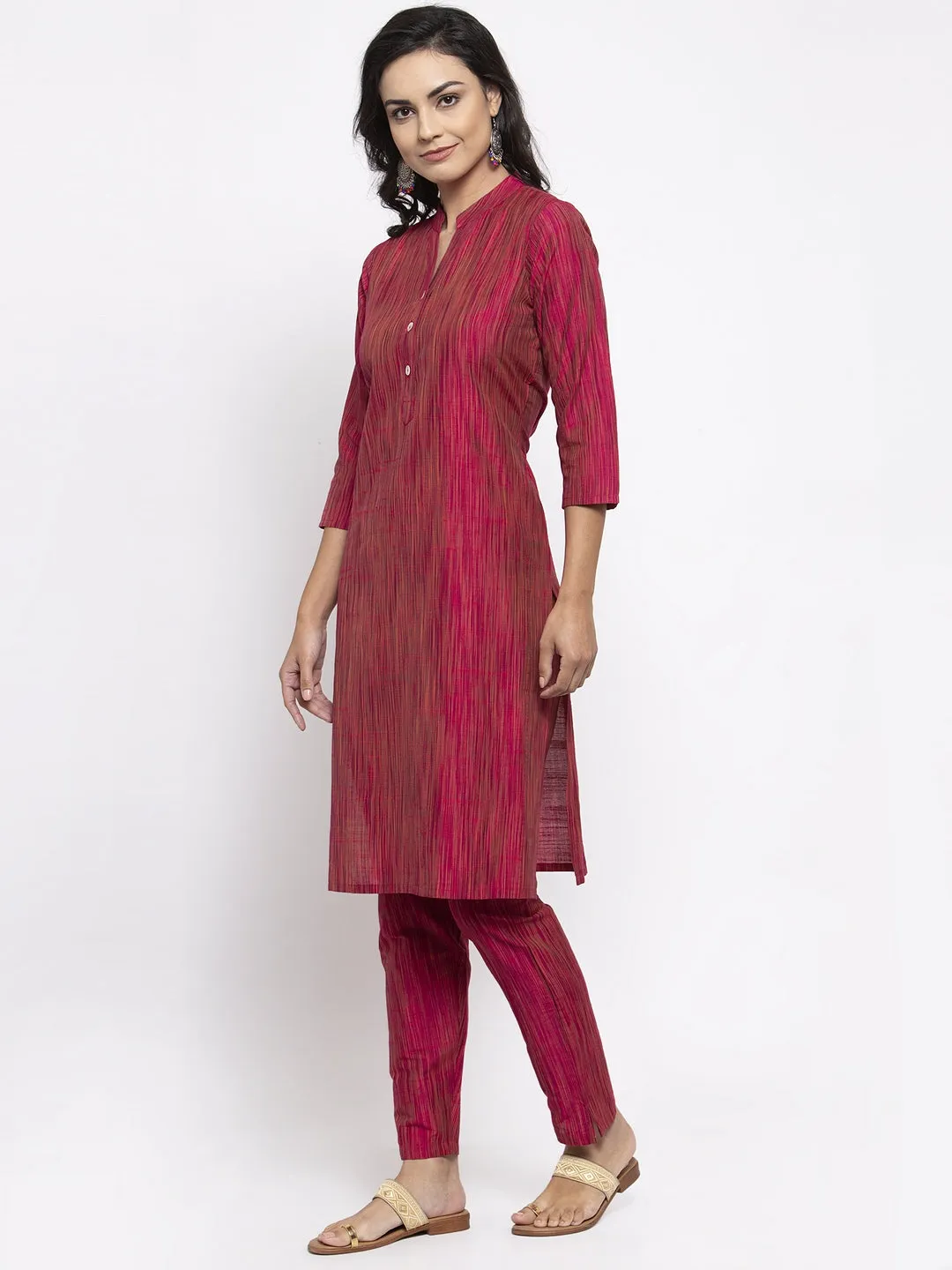 Jashvi Women Pink Self-Striped Kurta with Trousers