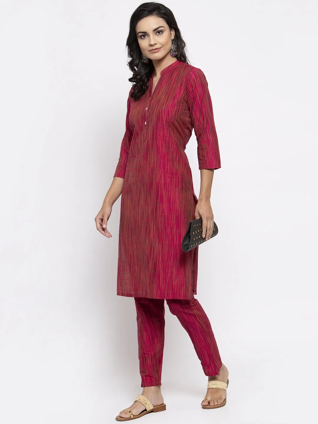 Jashvi Women Pink Self-Striped Kurta with Trousers
