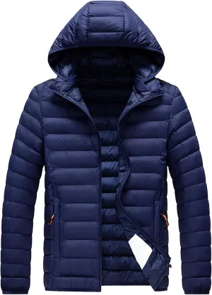 JEKE-DG Men's Removable Hooded Lightweight Puffer Jackets Waterproof Casual Down Coats Full Zip Slim Fit Quilted Coat