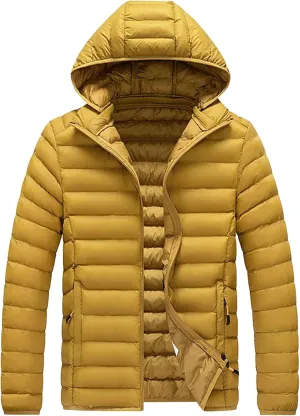 JEKE-DG Men's Removable Hooded Lightweight Puffer Jackets Waterproof Casual Down Coats Full Zip Slim Fit Quilted Coat