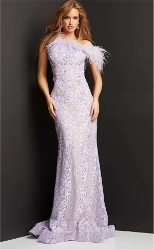 Jovani - 06663 - Lilac Feathered and Floral Embroidered Evening Gown