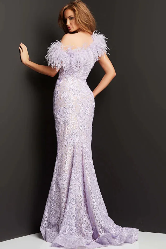 Jovani - 06663 - Lilac Feathered and Floral Embroidered Evening Gown