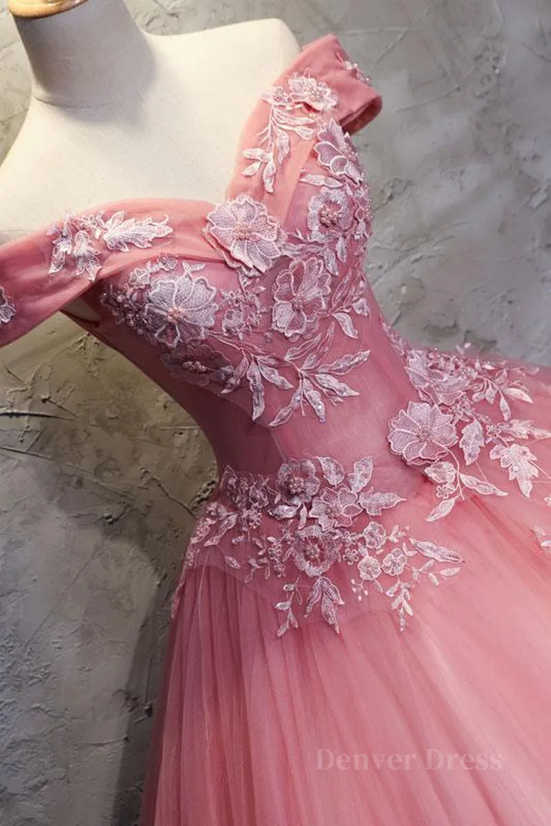 kamahe Gorgeous Off the Shoulder Pink Lace Appliques Long Prom Dress, Off Shoulder Pink Formal Dress, Pink Evening Dress, Ball Gown