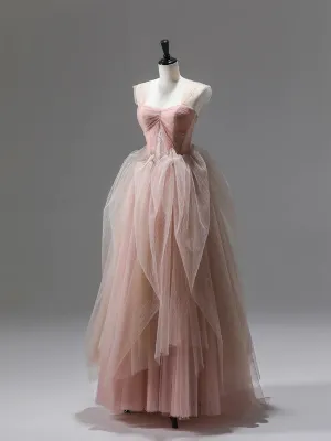 kamahe Pink A-Line Tulle Long Prom Dress Evening Gown