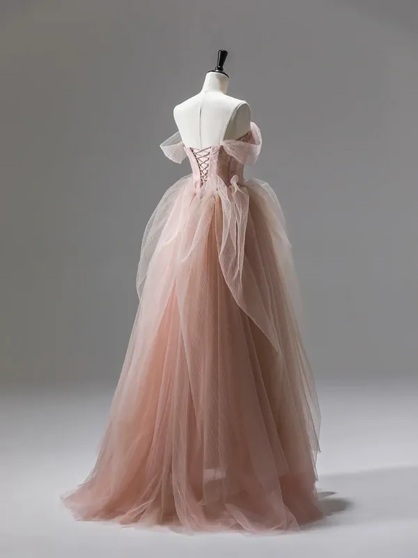 kamahe Pink A-Line Tulle Long Prom Dress Evening Gown