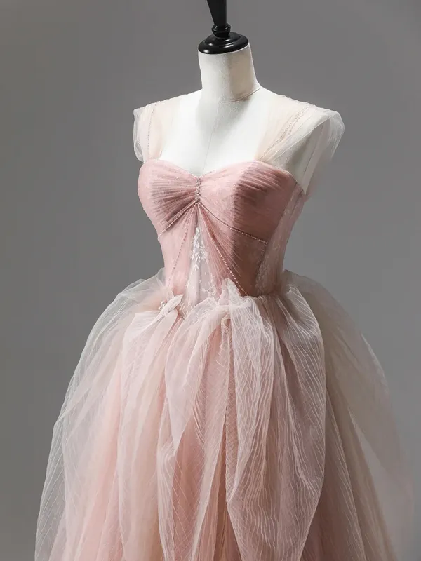 kamahe Pink A-Line Tulle Long Prom Dress Evening Gown