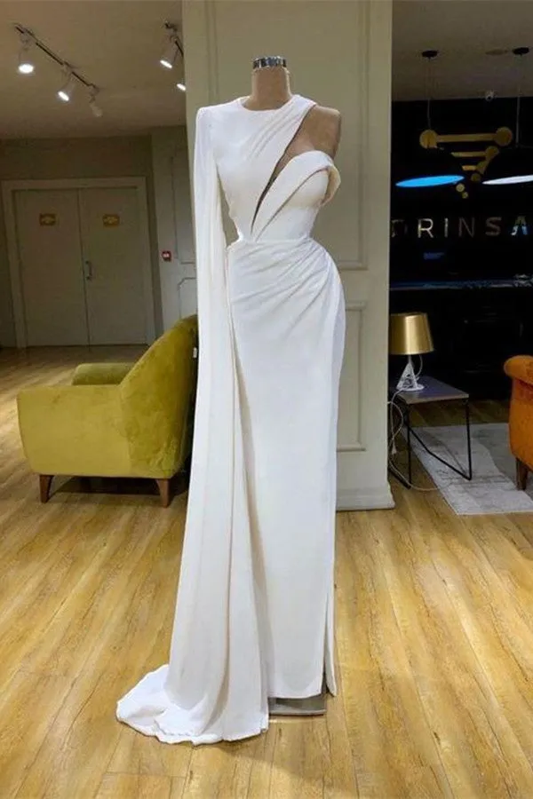 kamahe White One Shoulder Mermaid Prom Dress High Neck Evening Gown