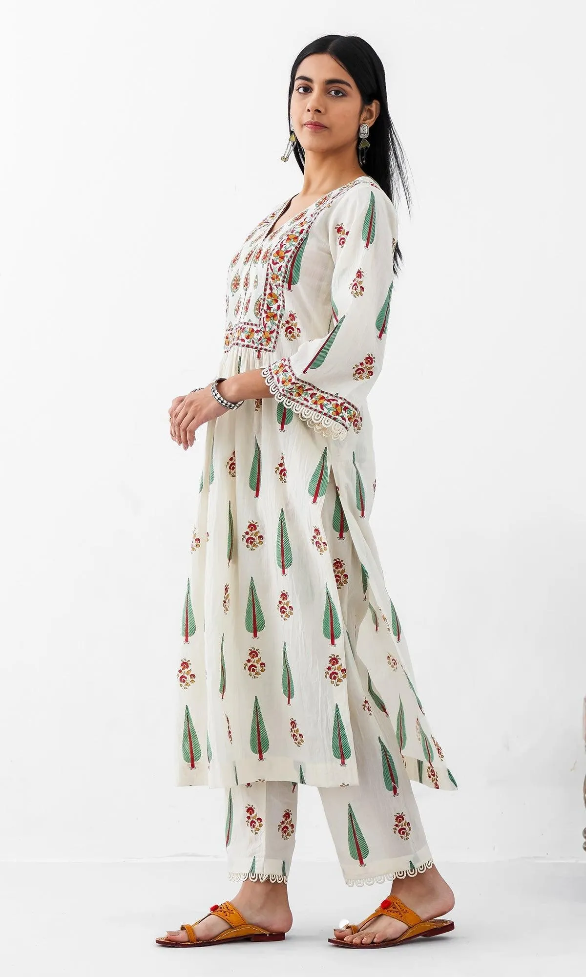 Kapaas Vol. 2 Off White Block Printed Gathered Kurta with Palazzo and Block Printed Dupatta - Set of 3