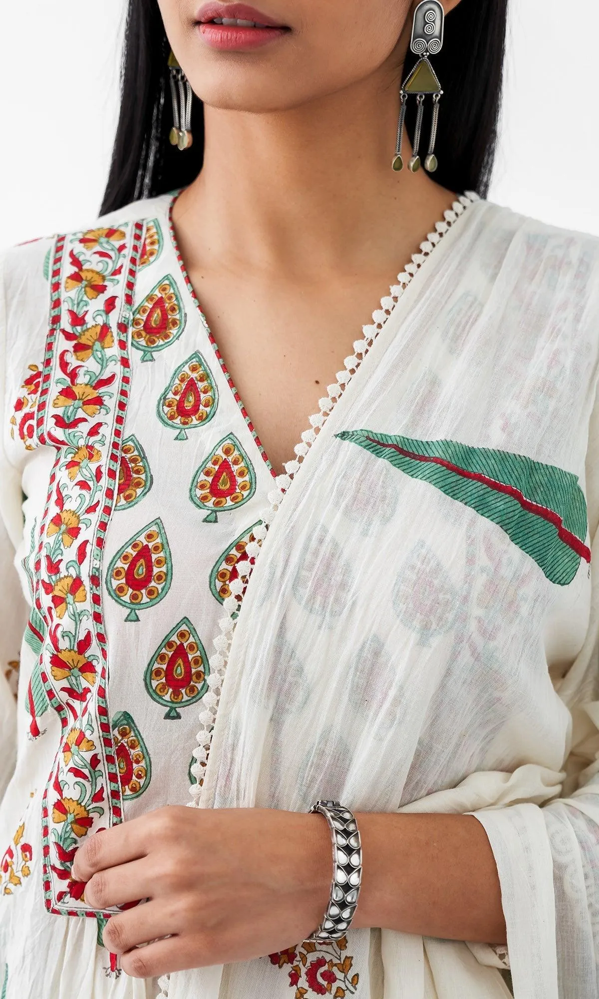 Kapaas Vol. 2 Off White Block Printed Gathered Kurta with Palazzo and Block Printed Dupatta - Set of 3