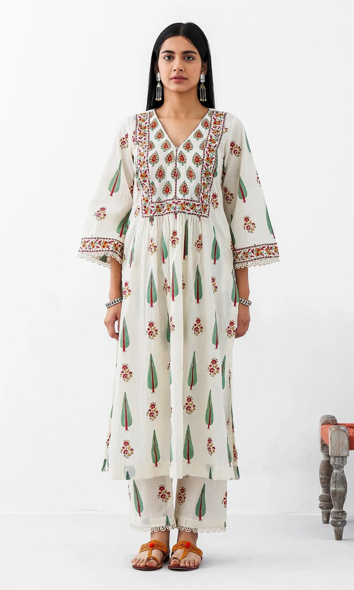 Kapaas Vol. 2 Off White Block Printed Gathered Kurta with Palazzo and Block Printed Dupatta - Set of 3
