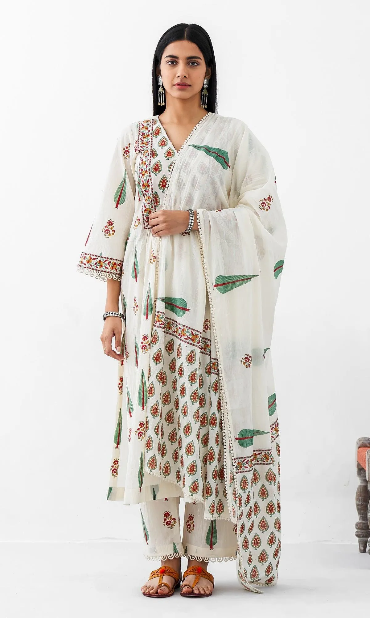 Kapaas Vol. 2 Off White Block Printed Gathered Kurta with Palazzo and Block Printed Dupatta - Set of 3