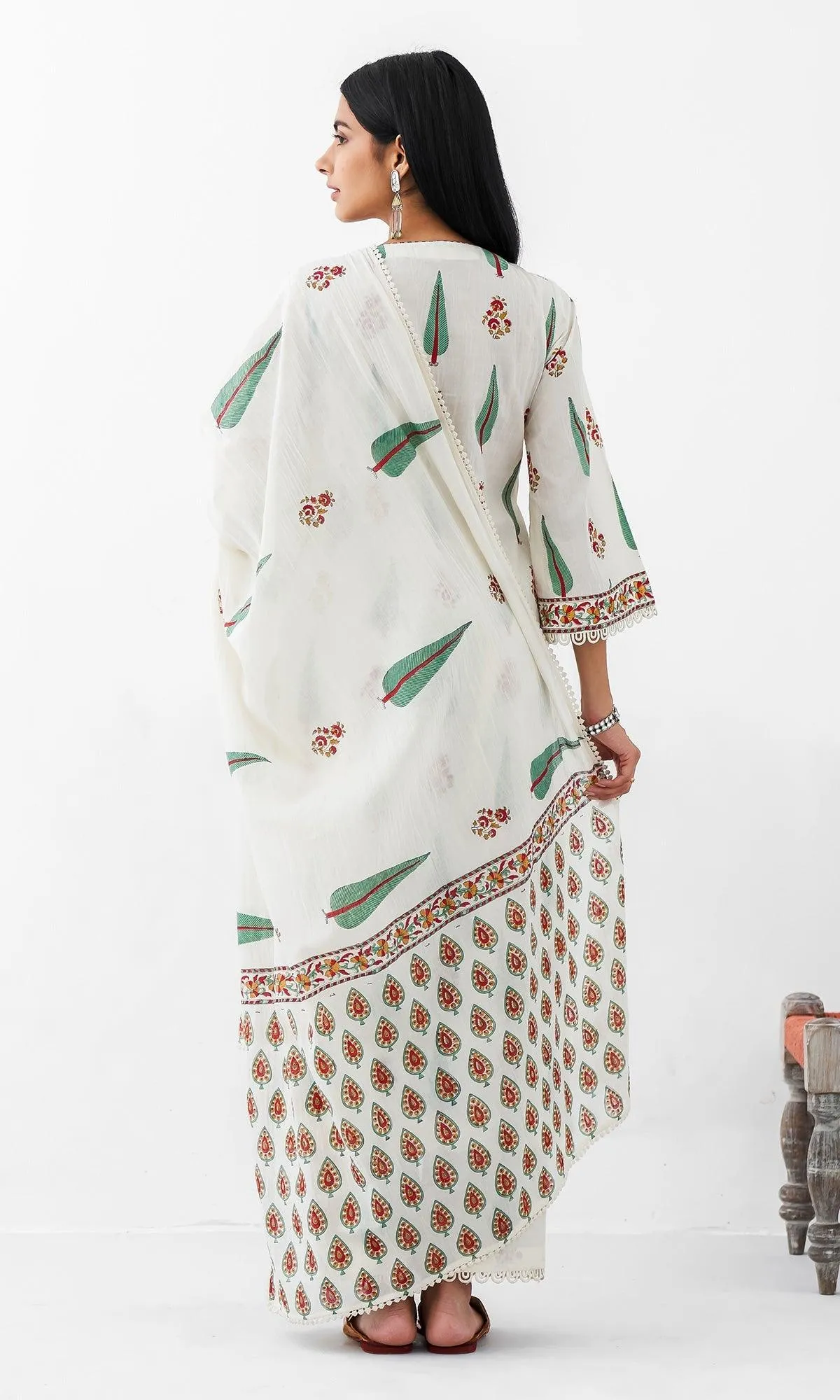 Kapaas Vol. 2 Off White Block Printed Gathered Kurta with Palazzo and Block Printed Dupatta - Set of 3