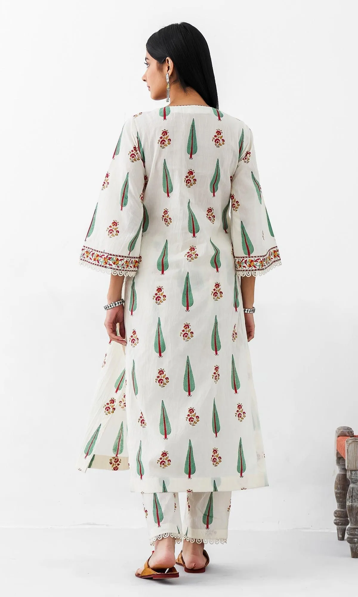 Kapaas Vol. 2 Off White Block Printed Gathered Kurta with Palazzo and Block Printed Dupatta - Set of 3
