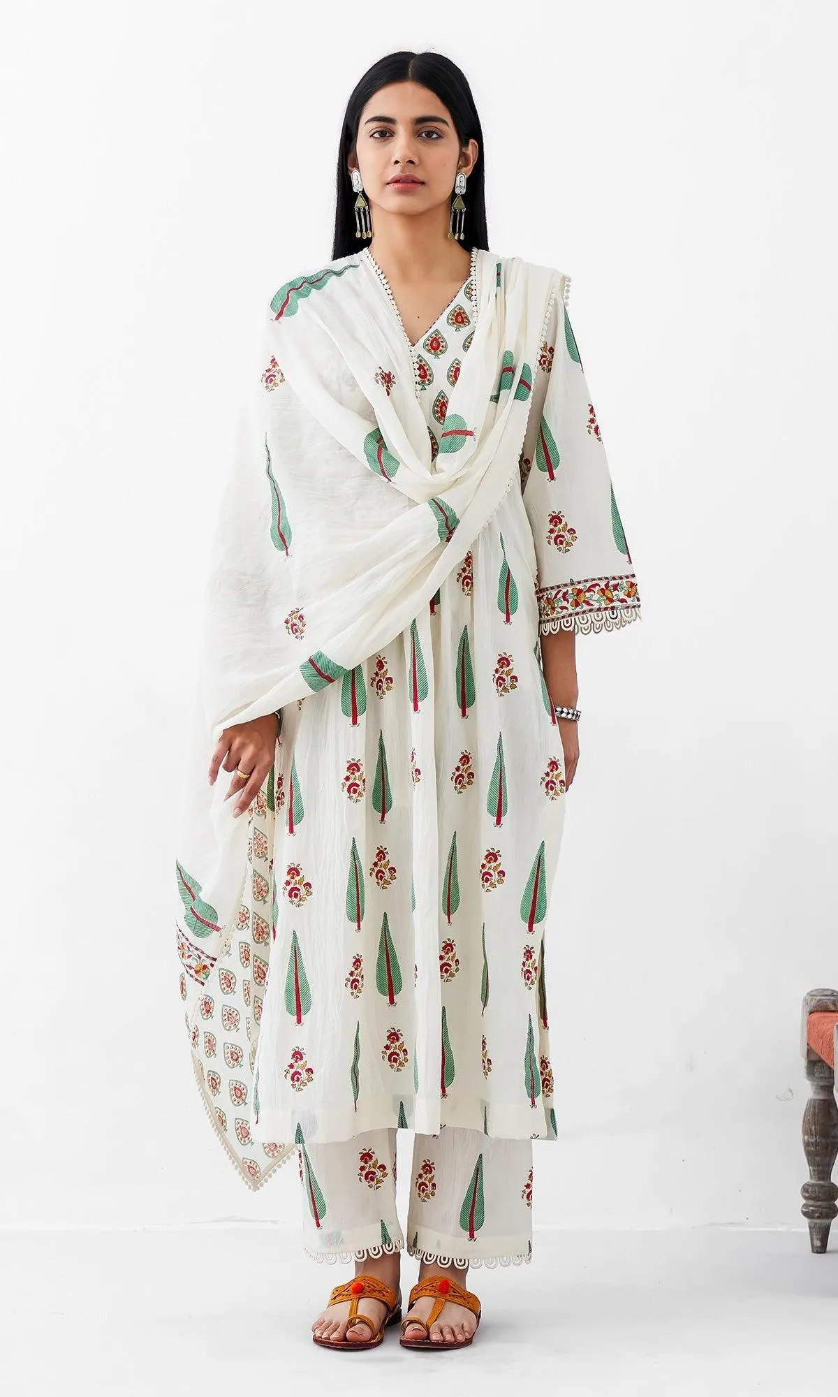 Kapaas Vol. 2 Off White Block Printed Gathered Kurta with Palazzo and Block Printed Dupatta - Set of 3