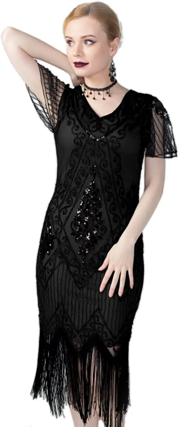 kayamiya Women's Flapper Dresses 1920s Sequins Art Deco Gatsby Cocktail Dress with Sleeve