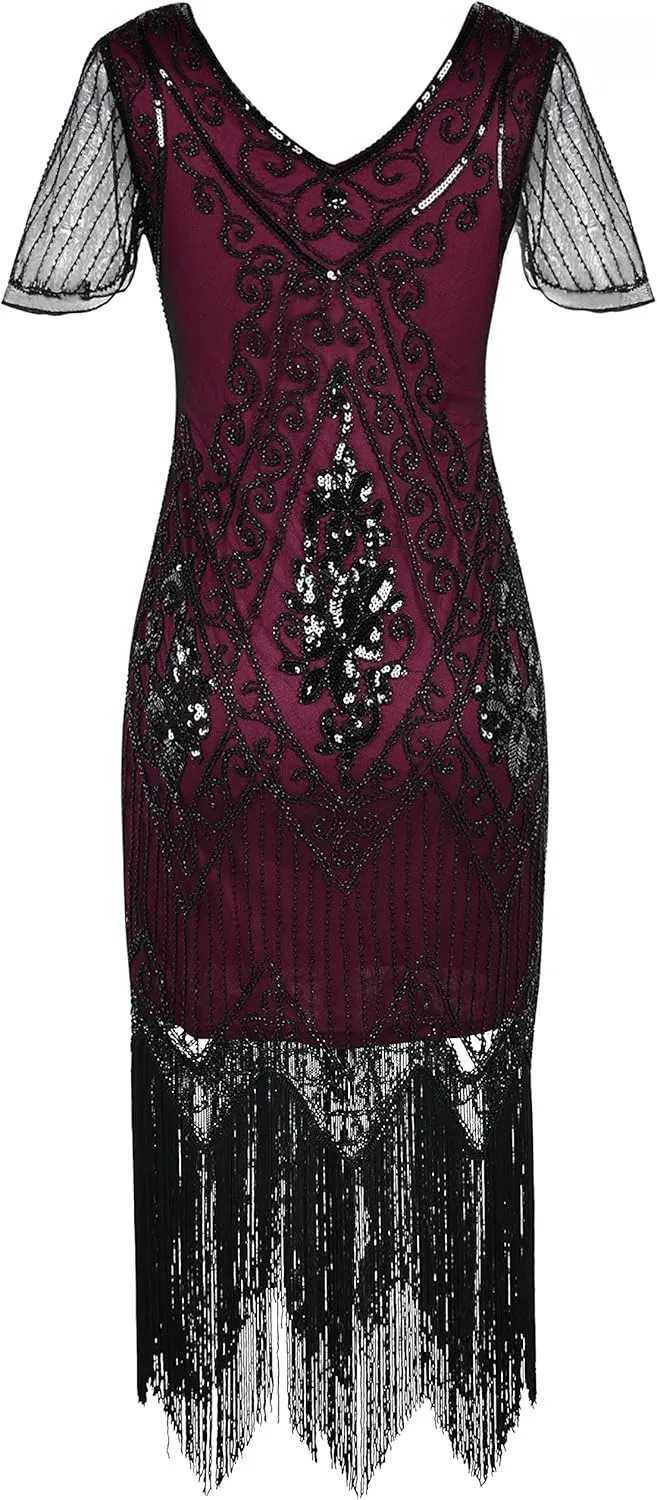 kayamiya Women's Flapper Dresses 1920s Sequins Art Deco Gatsby Cocktail Dress with Sleeve