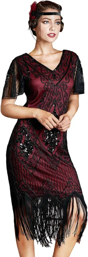 kayamiya Women's Flapper Dresses 1920s Sequins Art Deco Gatsby Cocktail Dress with Sleeve