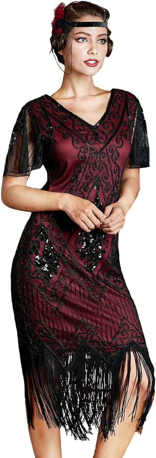 kayamiya Women's Flapper Dresses 1920s Sequins Art Deco Gatsby Cocktail Dress with Sleeve