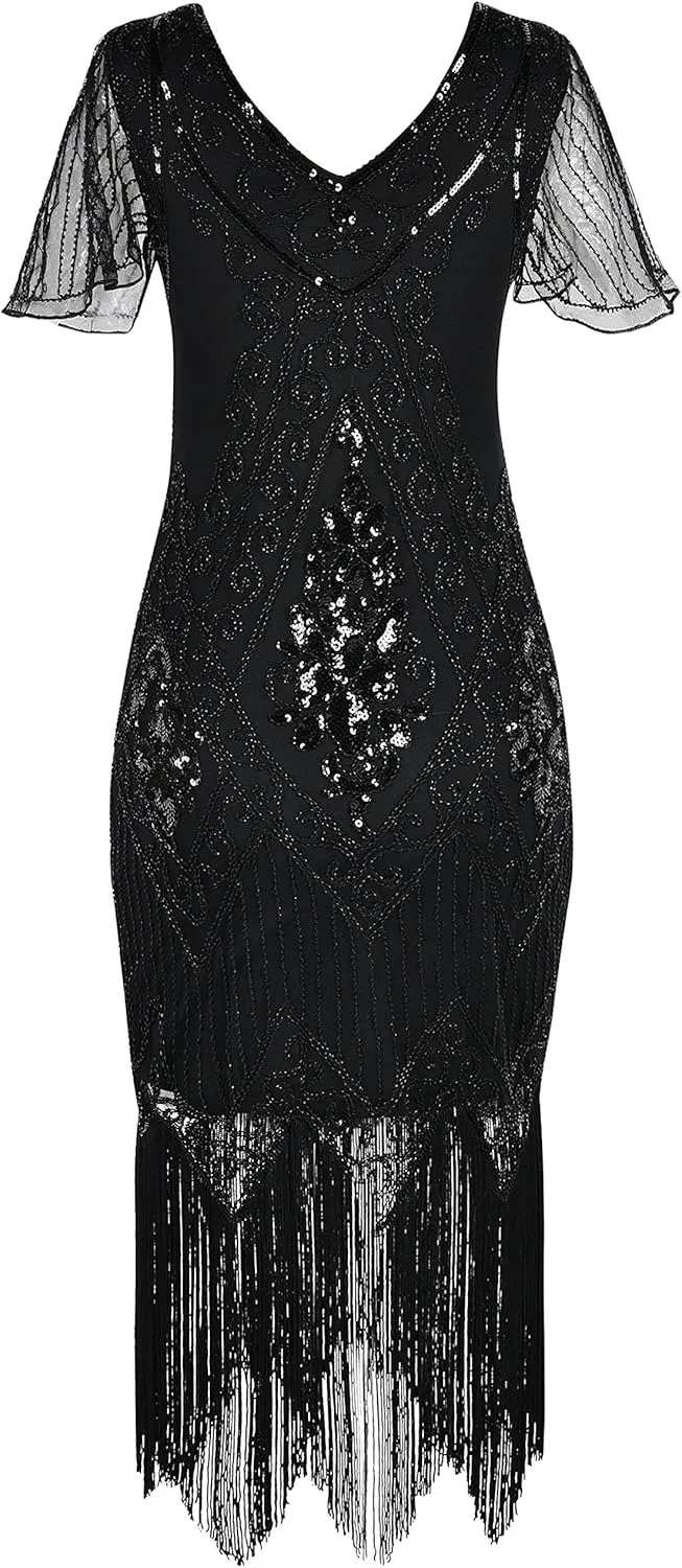 kayamiya Women's Flapper Dresses 1920s Sequins Art Deco Gatsby Cocktail Dress with Sleeve