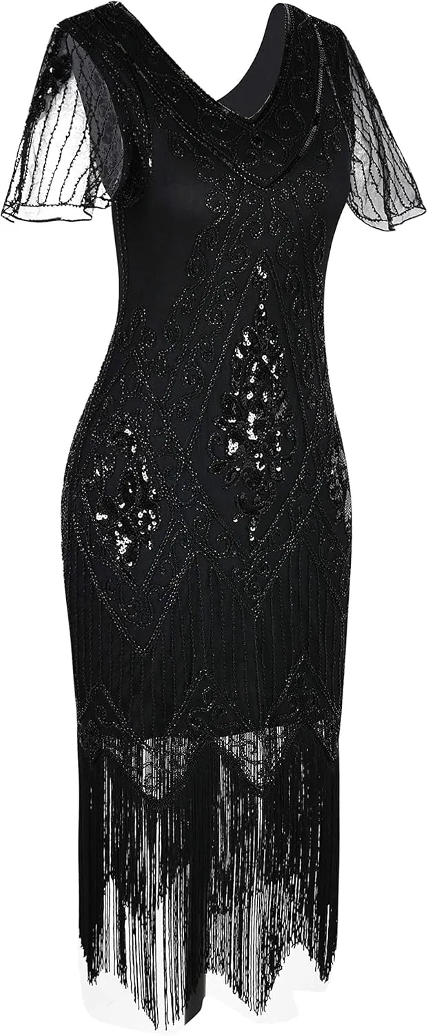kayamiya Women's Flapper Dresses 1920s Sequins Art Deco Gatsby Cocktail Dress with Sleeve