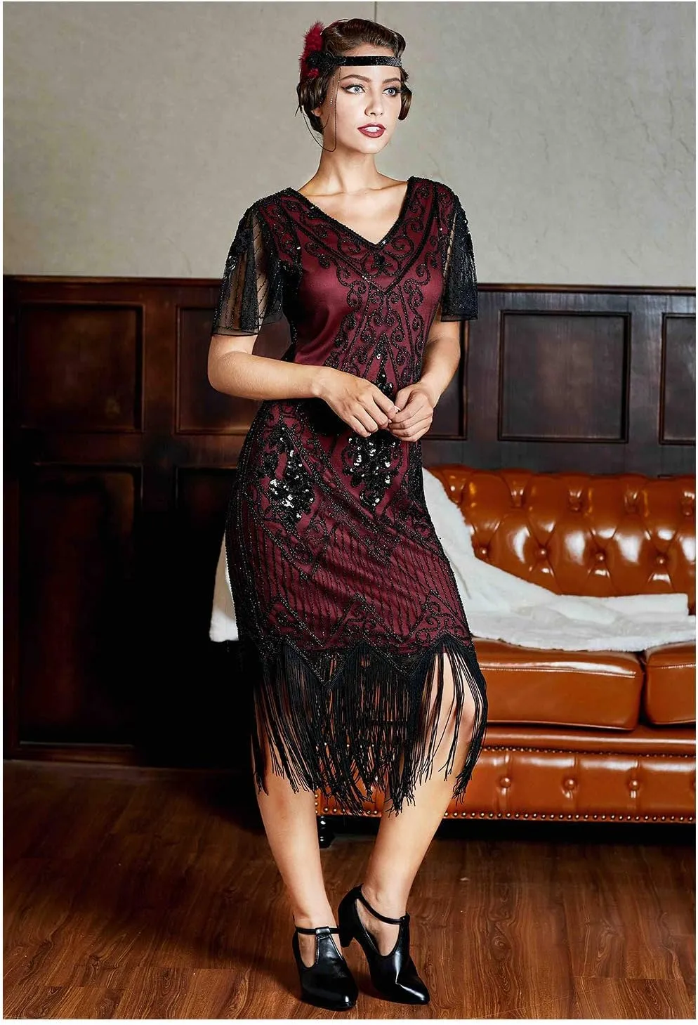 kayamiya Women's Flapper Dresses 1920s Sequins Art Deco Gatsby Cocktail Dress with Sleeve