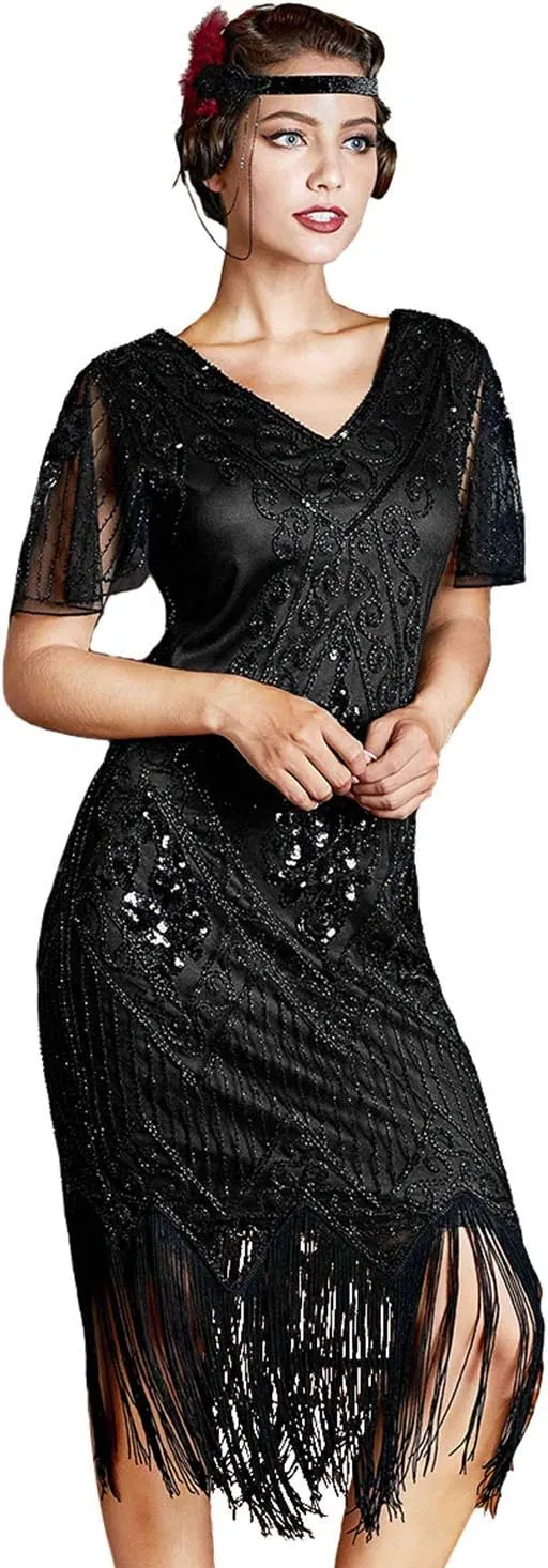 kayamiya Women's Flapper Dresses 1920s Sequins Art Deco Gatsby Cocktail Dress with Sleeve