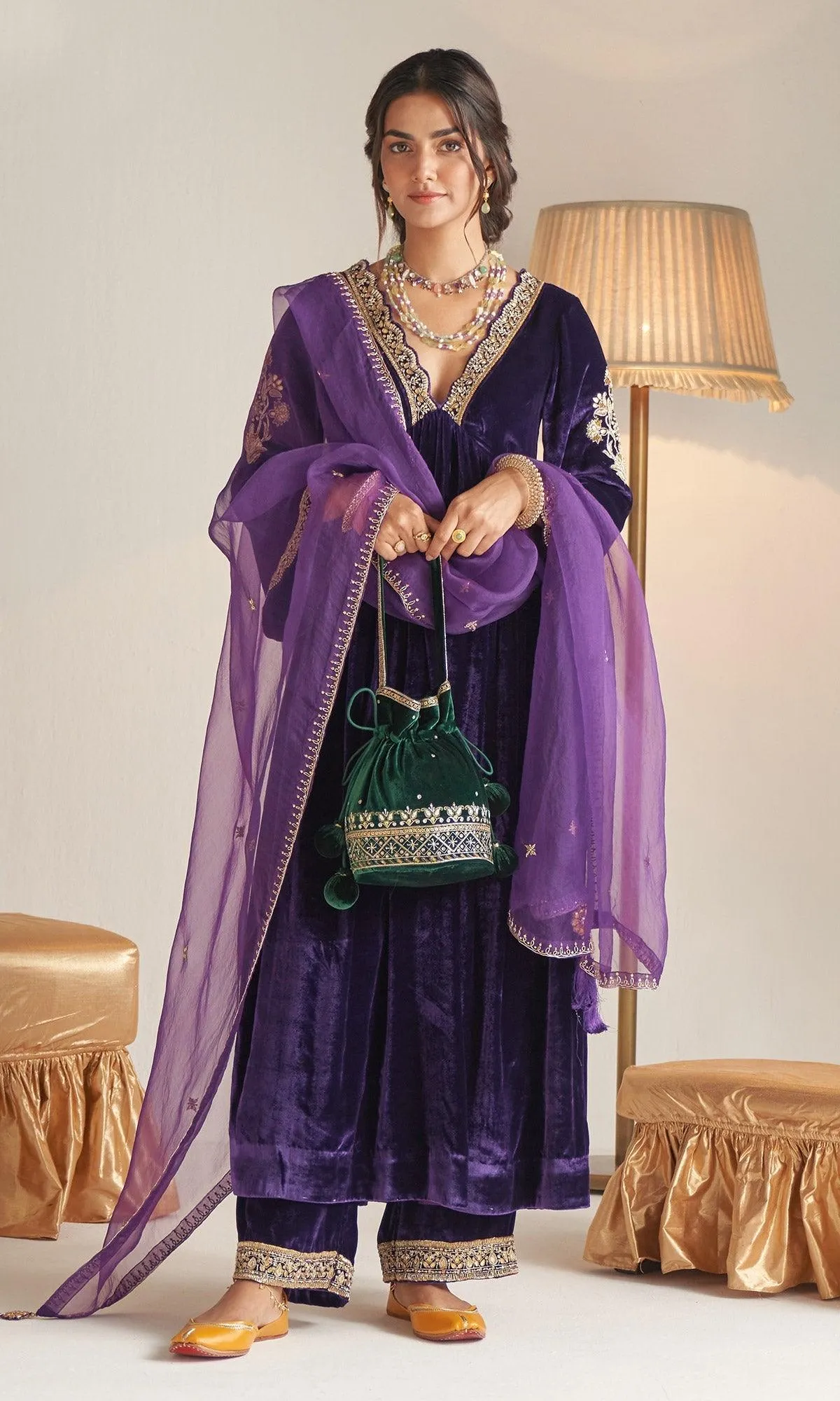Khizaan Embroidered Purple V Neck velvet Anarkali set with organza dupatta  set of 3 RTS