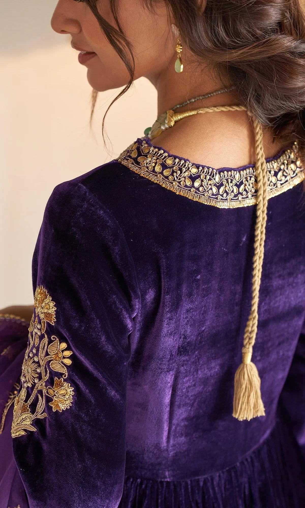 Khizaan Embroidered Purple V Neck velvet Anarkali set with organza dupatta  set of 3 RTS
