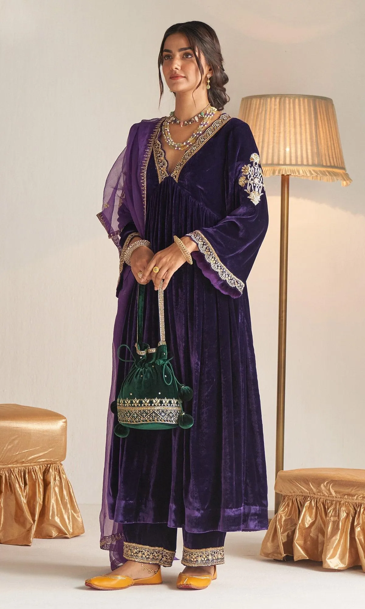 Khizaan Embroidered Purple V Neck velvet Anarkali set with organza dupatta  set of 3 RTS